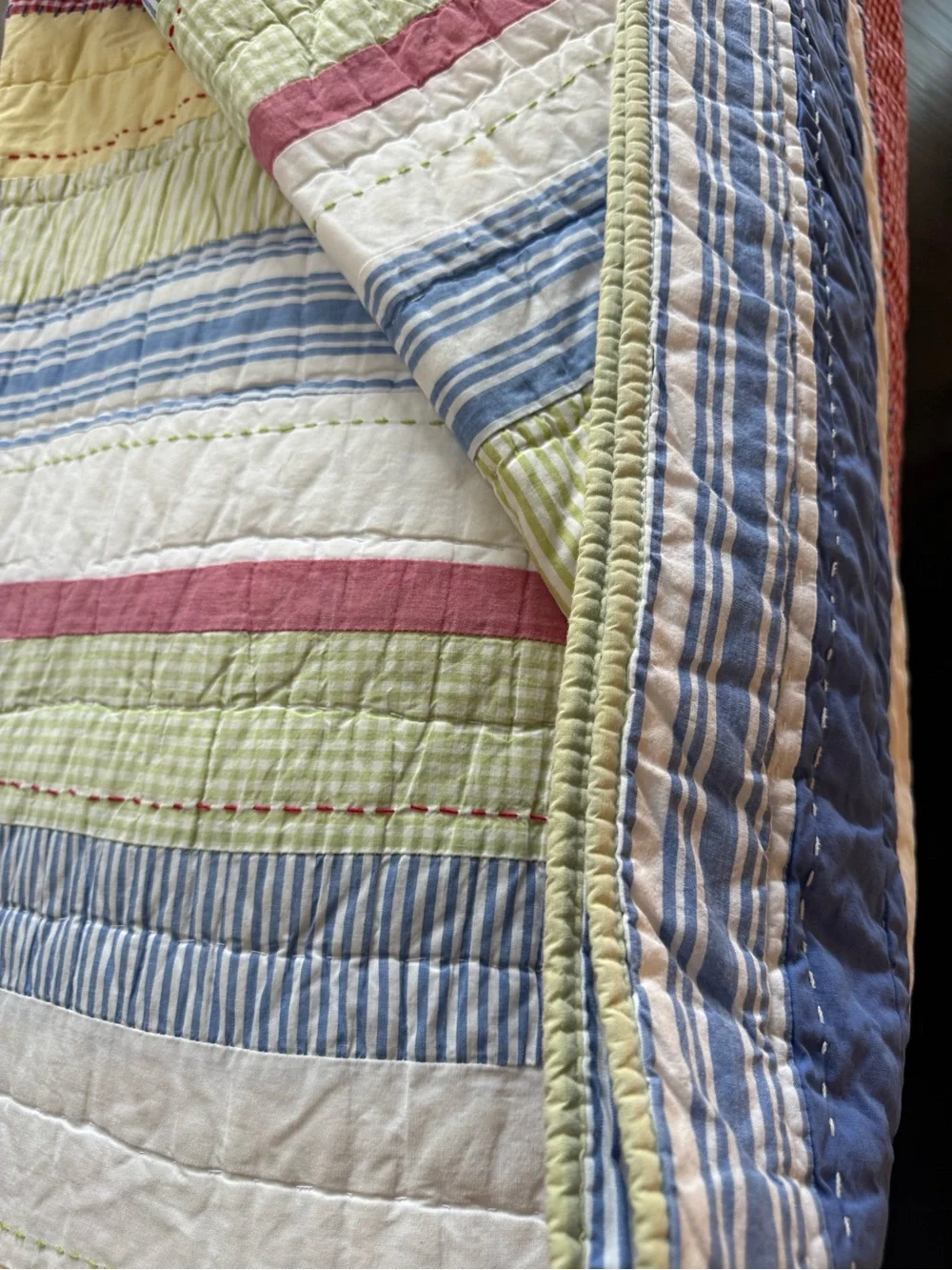 Pottery Barn Kids Kasey Quilt Full Queen Blue Red Stripe Gingham Patchwork